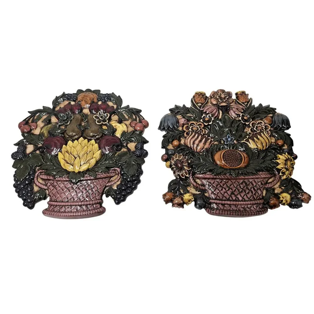 2 Vintage 70s Cornicopia Syroco Fruit Baskets Ceramic Handmade Cottage Farmhouse